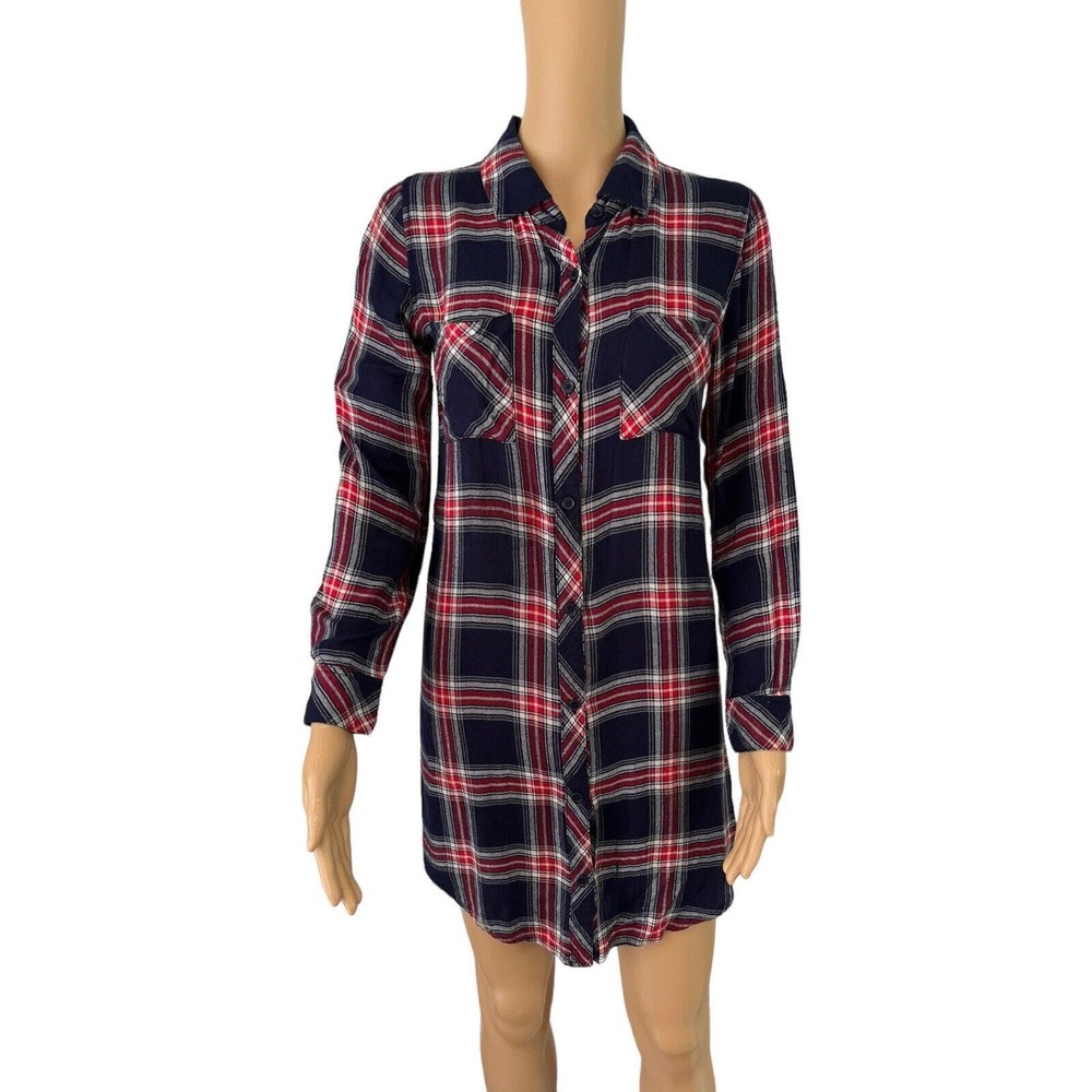 Rails Navy Blue & Red Plaid Flannel Button Front Long Sleeve Shirt Dress Size XS